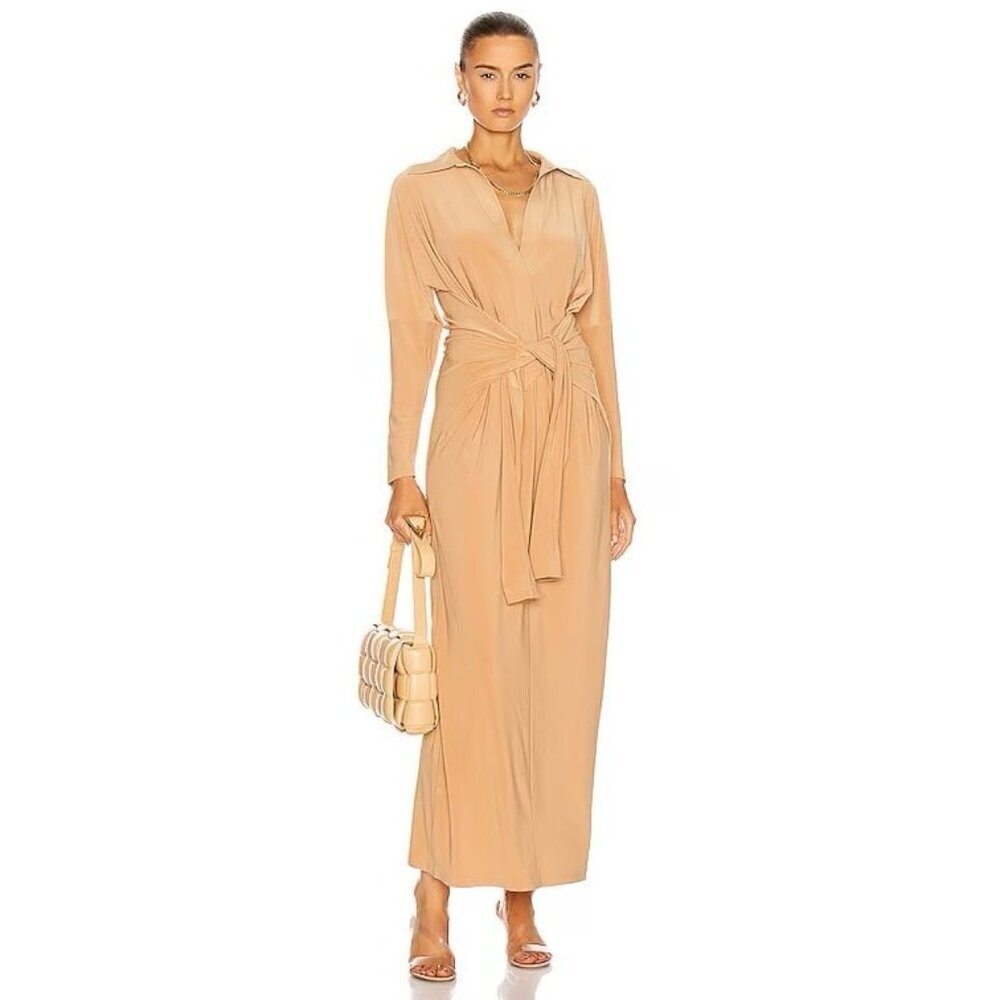 Norma Kamali Tie Front Maxi Shirt Dress in Nude